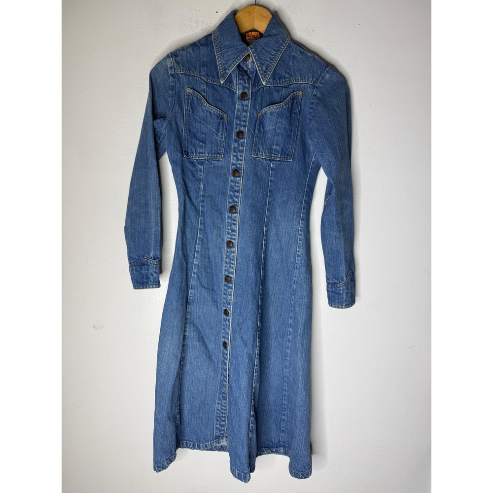 Vintage Landlubber Denim Midi Dress Western Button Front Long Sleeve Blue 70s